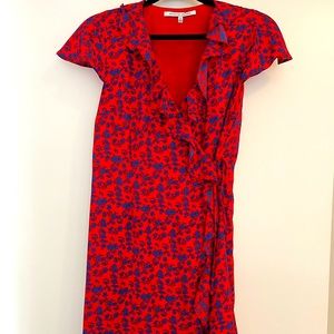 Red dress with blue pattern wrap dress